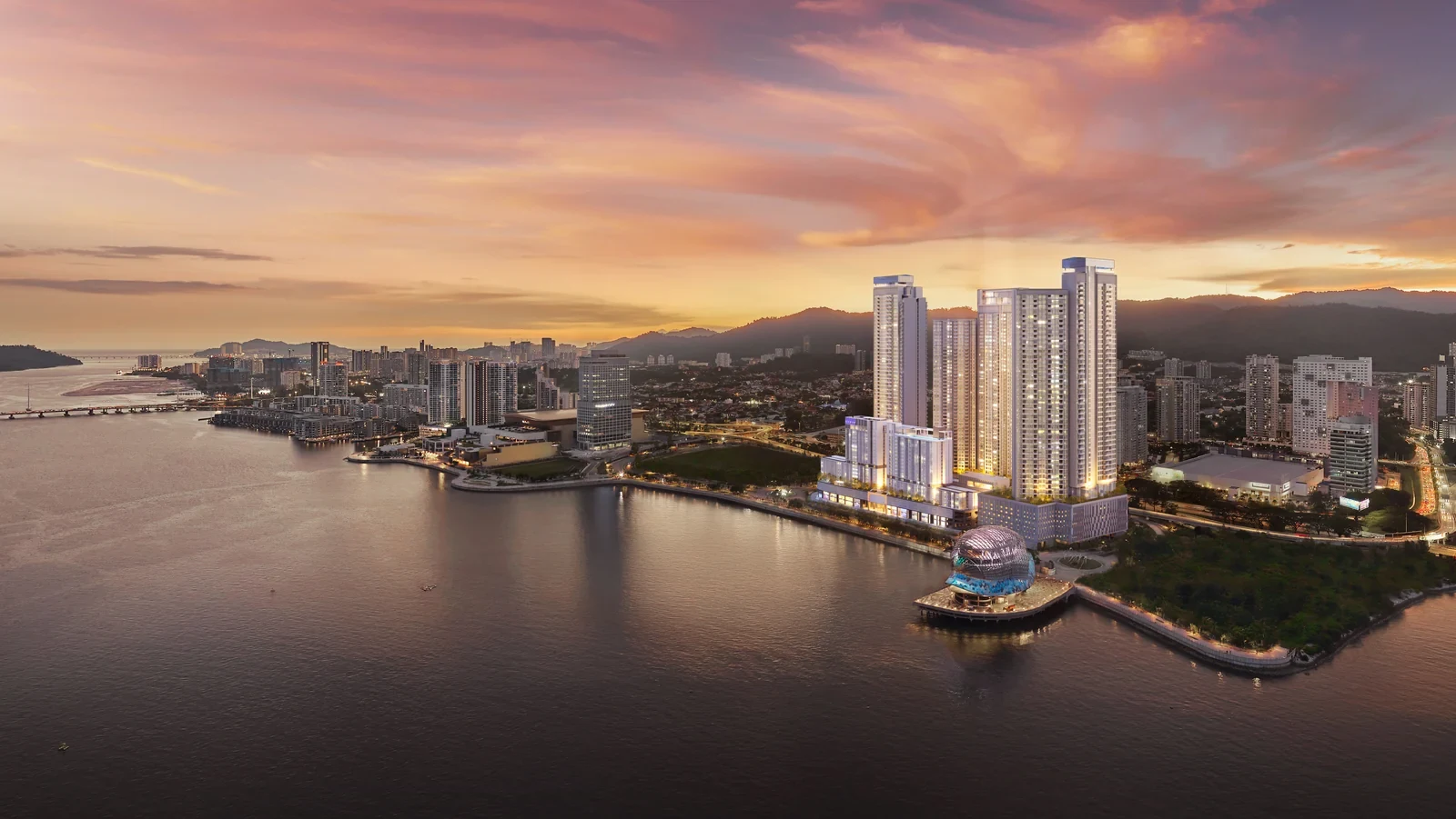 Freehold waterfront skyline on Penang Island at dusk